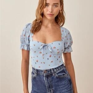 Reformation Delevan Ruffle Sleeve Top Women’s 8 Blue Floral Boho Smocked Whimsy